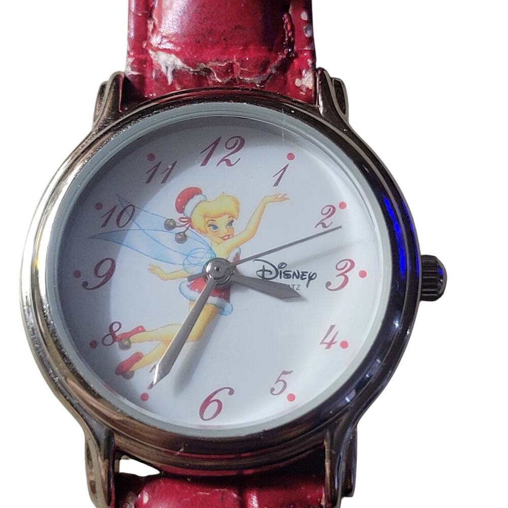 DISNEY World Children's Watch Tinker Bell Round Face Red Silver Color Band Works